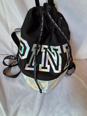 Victoria's Secret PINK Holographic Drawstring Backpack 🌈🖤✨